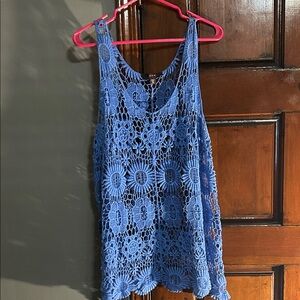 Eve Blue Crochet Net Overlay Top